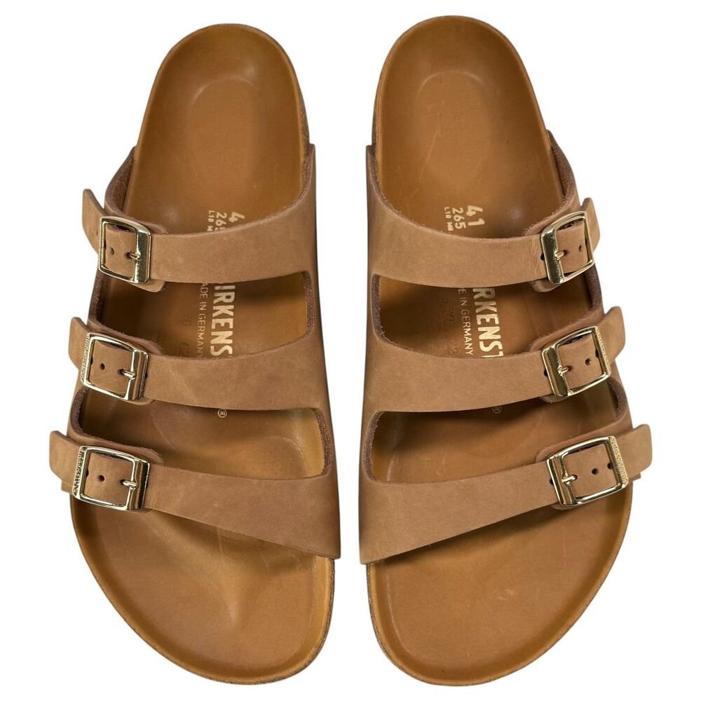 BIRKENSTOCK FLORIDA LEATHER 3 STRAP SLIDE SANDALS FRESH MINK WOMENS 41